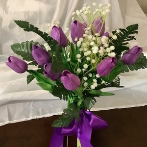 Real touch purple tulip and baby breath bridal bouquet